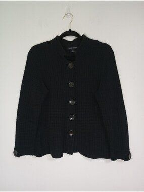 Banana Republic Black Waffle-Knit Button-Up Cardigan Sweater M 100% Cotton Women